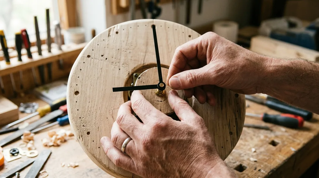Hände setzen den Minutenzeiger auf die Anwelle einer selbst gebauten Wanduhr