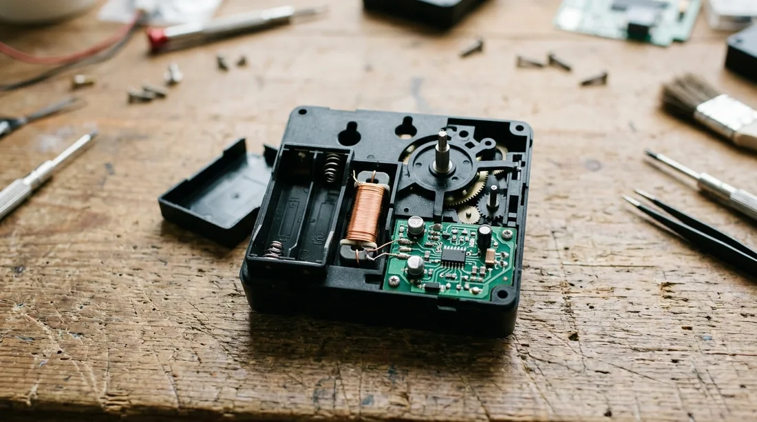 Geöffnetes Funkuhrwerk auf einer Werkbank mit Batteriefach, Empfangsantenne und Platine