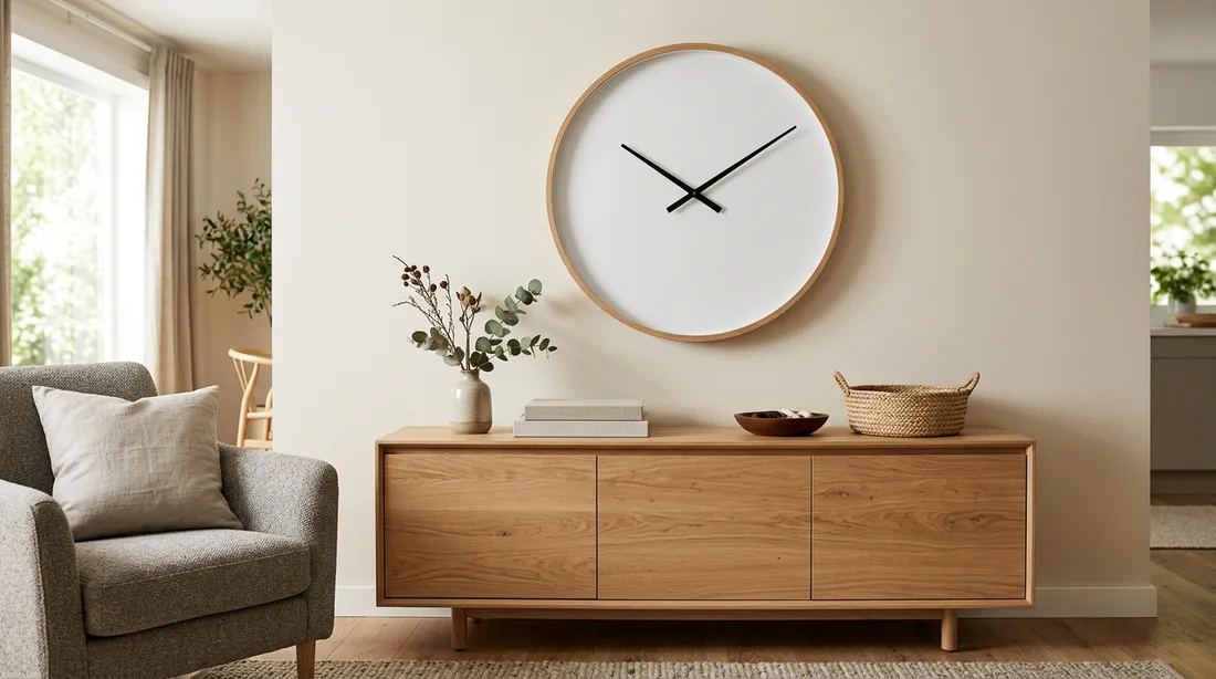 Große Wanduhr mit langen Zeigern an einer Wand über einem Sideboard