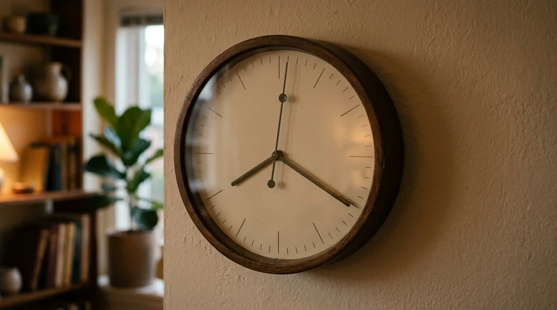 Wanduhr mit ruhig laufendem Sekundenzeiger in einem Wohnraum mit Bücherregal und Zimmerpflanze